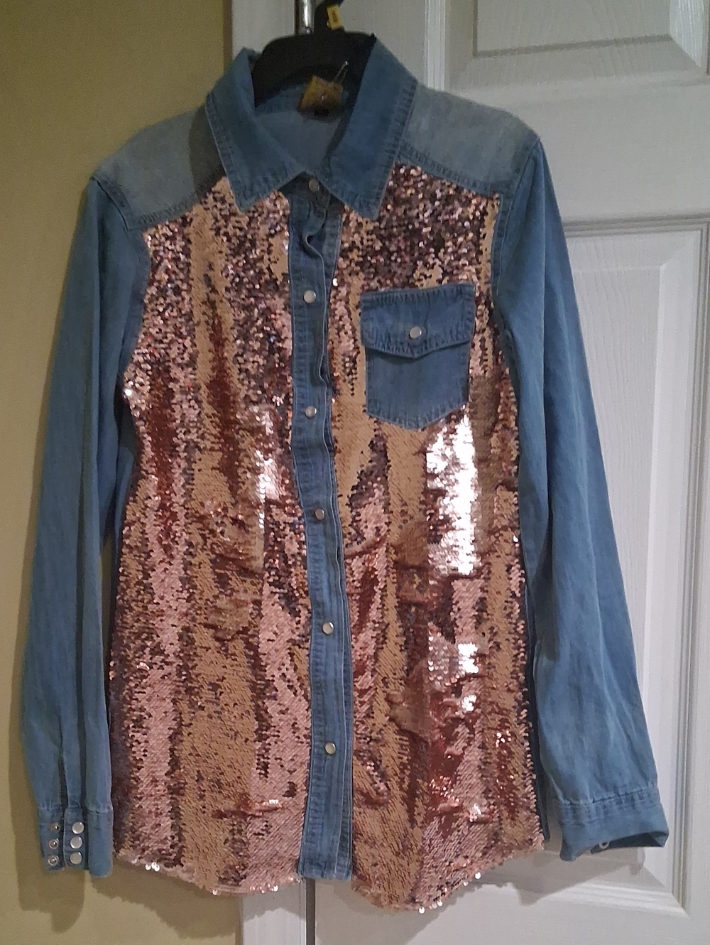 Denim Button-Up Shirt with Rose Gold Sequin Front